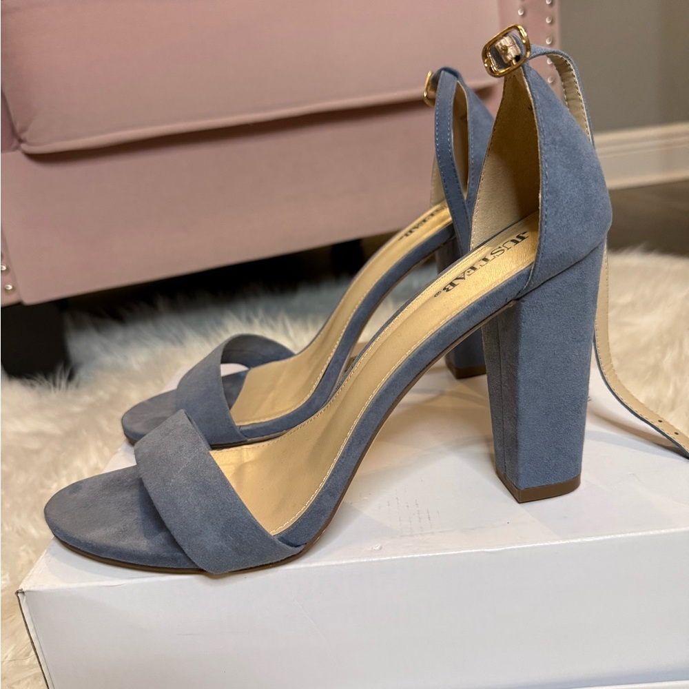 Strappy Block Heel Sandals in Dusty Blue - Women's Dress Heels